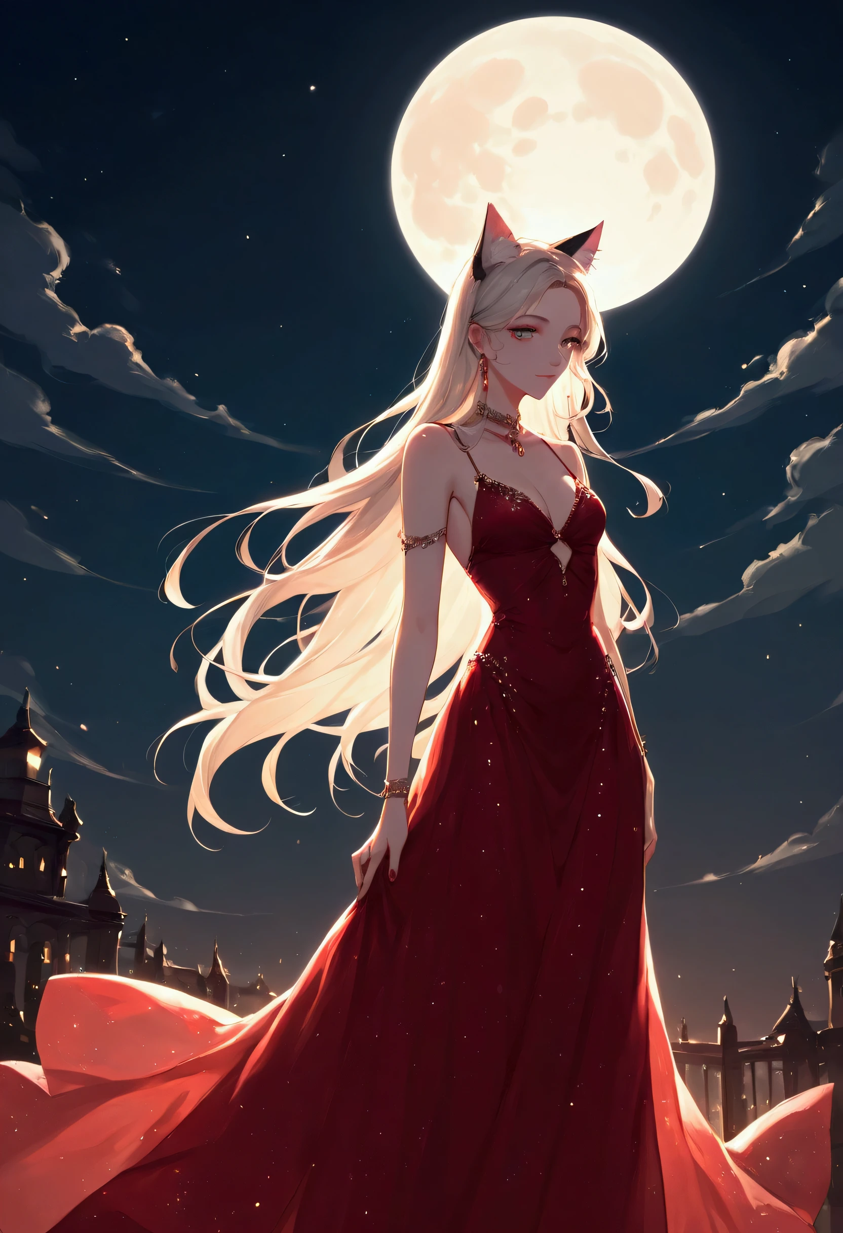 score_9, score_8_up, score_7_up, score_6_up, score_5_up, score_4_up, a picture of a beautiful woman, with cat ears, long hair, wearing red silk dress, studded with diamonds, small cleavage, it is night, the moon in the sky, moon rays caress her, silhouette, Haute_Couture