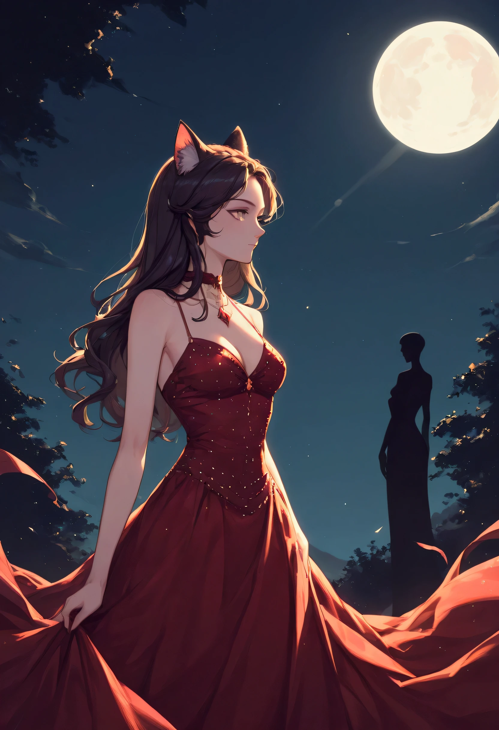 score_9, score_8_up, score_7_up, score_6_up, score_5_up, score_4_up, a picture of a beautiful woman, with cat ears, long hair, wearing red silk dress, studded with diamonds, small cleavage, it is night, the moon in the sky, moon rays caress her, silhouette, Haute_Couture