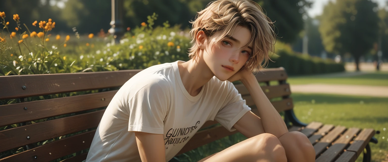 a colombian femboy is naked at the park in a sunny day, he wears only a dark style t-shirt. He has a very skinny body and slim great abs, he is completely hairless, slim, 16 old , looking shy but happy, blond fancy colored short hair, great visual detail and vivid romantic colors, cute face, slim legs. , he is sitted on a bench.