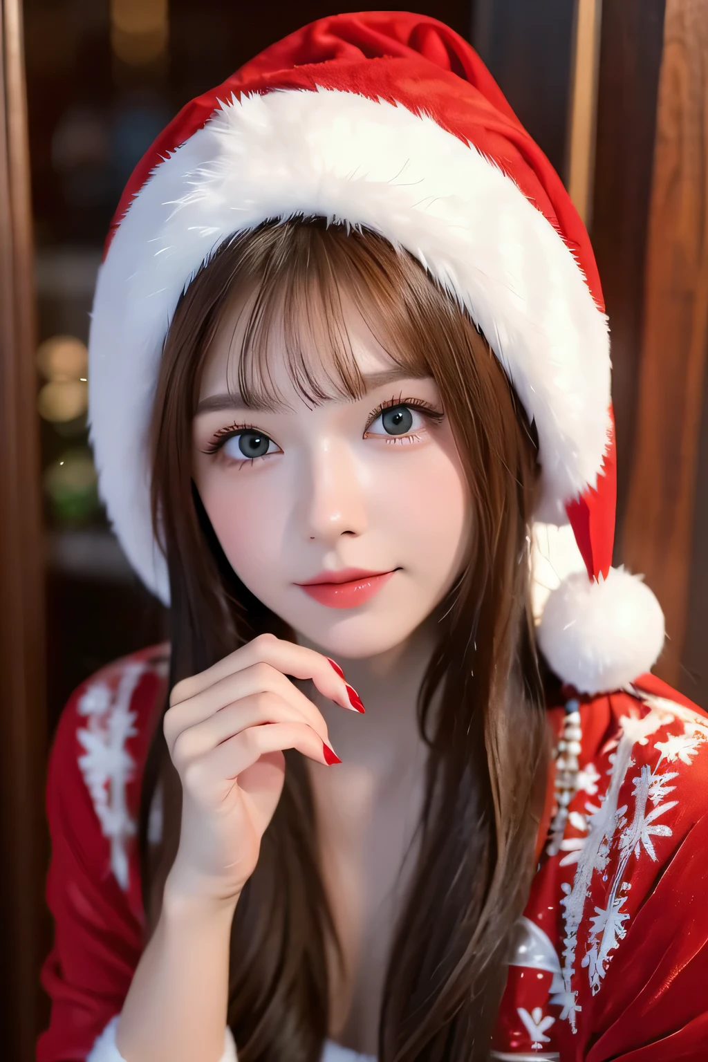  christmas ,  beautiful girl of Slavic appearance , Christmas hat dressed as Santa 
