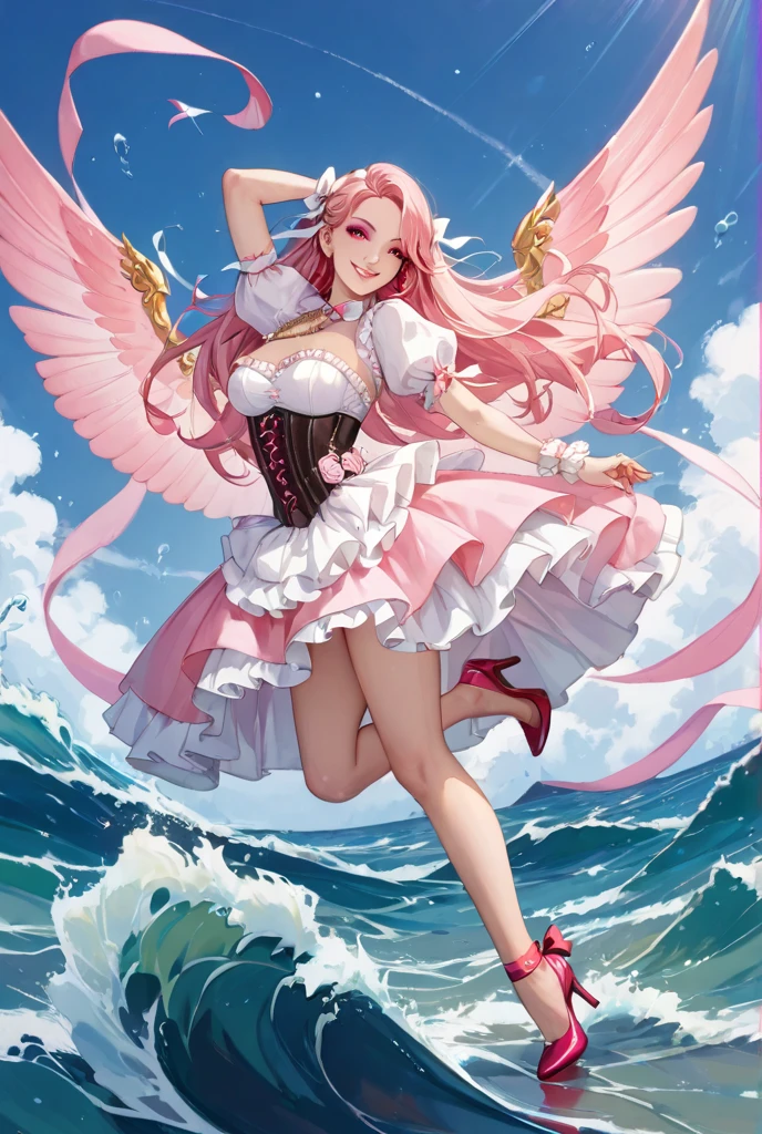 1girl, 8k, best quality, perfect body, UHD, meisterwerk, Beautiful girl, seductive girl, anime-girl, anime stil,((wearing a pink crop top, breasts stick out at the sides, Wearing a pink bikini bottom)), ((wears a pink stocking on her right leg, wears a brown shoe on the left foot)), ((has angel wings at the height of the buttocks, Pinke haare, lange haare, wears her hair open, very big breasts)), fliegt, Full body image, Jibril aus no game no life, tsundere, sexy, cute, hot
