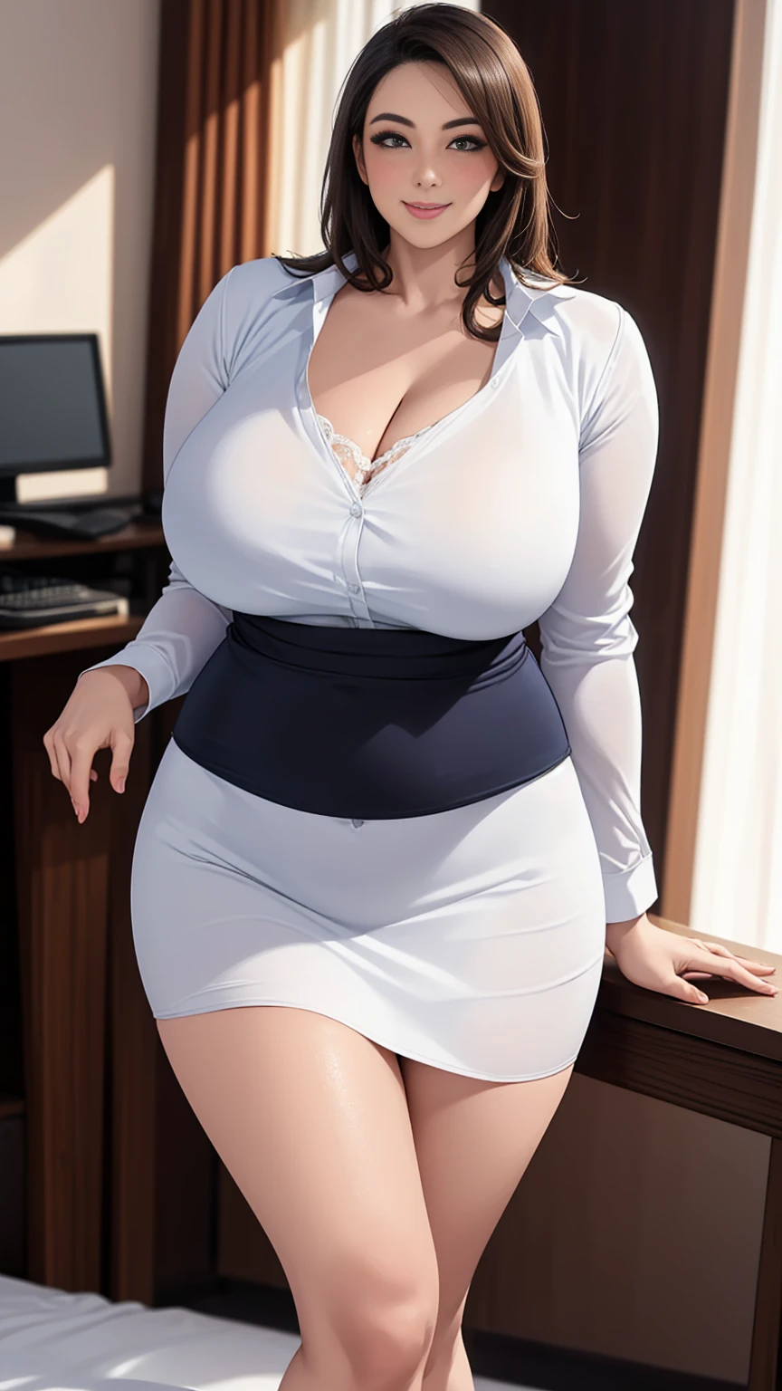 <lora:Vanessa_Harris:1> glasses, chubby, curvy, bbw, light hazelnut hair, bob haircut, blue eyes, full lips, solo, upper body, looking at viewer, office clothing, white shirt, black skirt, dressed, blue background, simple background, sfw, <lora:widehips:0.6> <lora:zhifu:0.6>