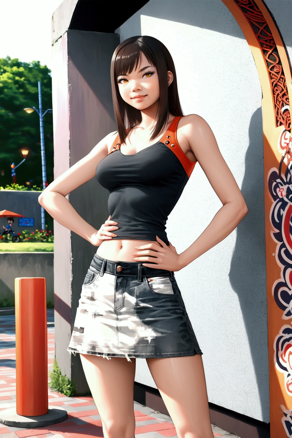 realistic anime illustration of pretty teenage girl smiling and standing near balcony, (black long straight hair girl), (wearing orange tanktop and denim pencil mini skirt), (1girl, solo, full body), (masterpiece, best quality)