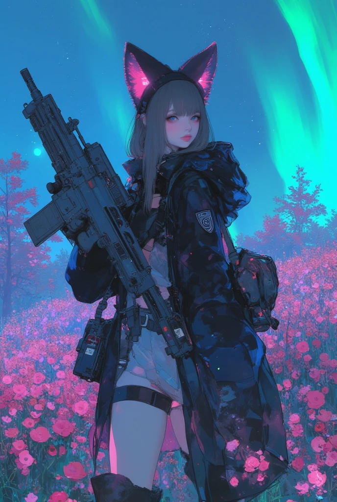   armed girl soldier with a machine-gun in a field of flowers wearing a cat ear helmet , wearing a cat ear helmet , Aurora in the sky 、 Cyberpunk Art by Mike  "Beeple" Shopman   ,   amazing realism  ,   retro punk nature wave defender, masterpiece    Spectacular Retrowave Art  ,    synthwave art style, Spectacular Retrowave Art  ,  Contrast