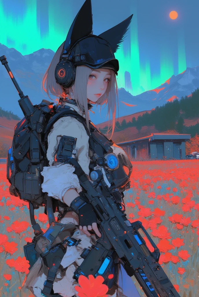   armed girl soldier with a machine-gun in a field of flowers wearing a cat ear helmet , wearing a cat ear helmet , Aurora in the sky 、 Cyberpunk Art by Mike  "Beeple" Shopman   ,   amazing realism  ,   retro punk nature wave defender, masterpiece    Spectacular Retrowave Art  ,    synthwave art style, Spectacular Retrowave Art  ,  Contrast