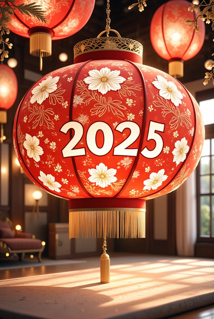 This is a digital artwork celebrating the Chinese New Year,specifically the year 2025,rendered in a vibrant,detailed,and slightly stylized CGI style. The main subject is a large,ornate red lantern with intricate,