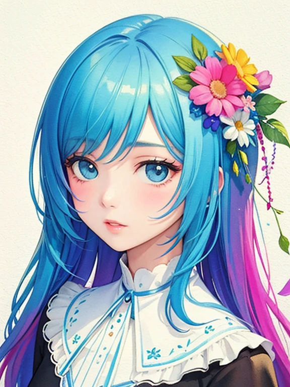 masterpiece、high-quality、top-quality、(illustration)、Beautiful face、expressive eyes、hard disk、Perfect lighting、A detailed face、Detailed body、mature female、mature lady、solo、(A blue-haired)、long braided ponytail、long-wavy hair、 blue eyes、((white dress))、((flower hairpin))、(necklace) big breast、teenager face、confident face、stylist、feminim pose、Grinning、sunny beach background