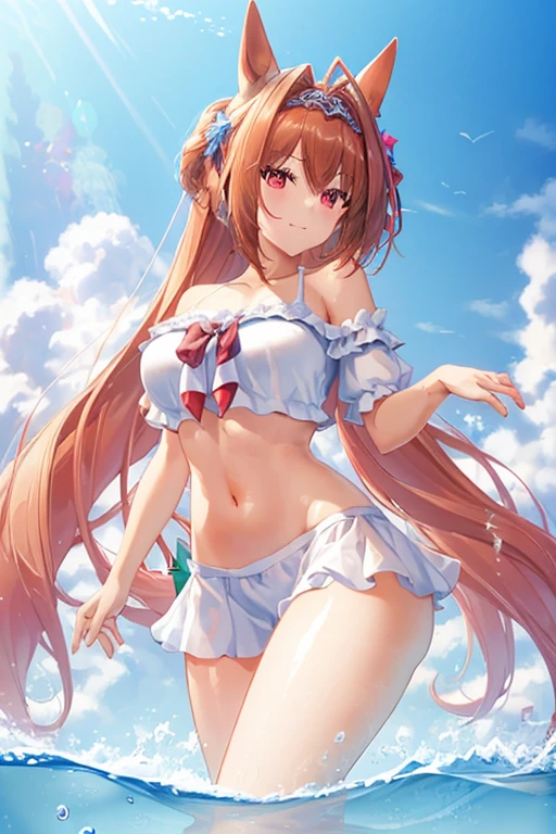 (((masterpiece,  top quality ,  high res, 超 high res,  perfect pixels,  depth of field , 4K, ,  high res))),  1 girl, smile,  very large breasts, Brown Hair,  long hair,  twin tails, ( red eyes:1), clavicle,   white bikini , belly button, side-tie bikini, ( sexy),  Beach ,  ocean ,  blue sky,  looking at viewers, {{ Extremely Delicate and Beautiful}},   extremely detailed cg unity 8k wallpaper , ( shiny hair:1.2), ( Shiny Skin :1.5),