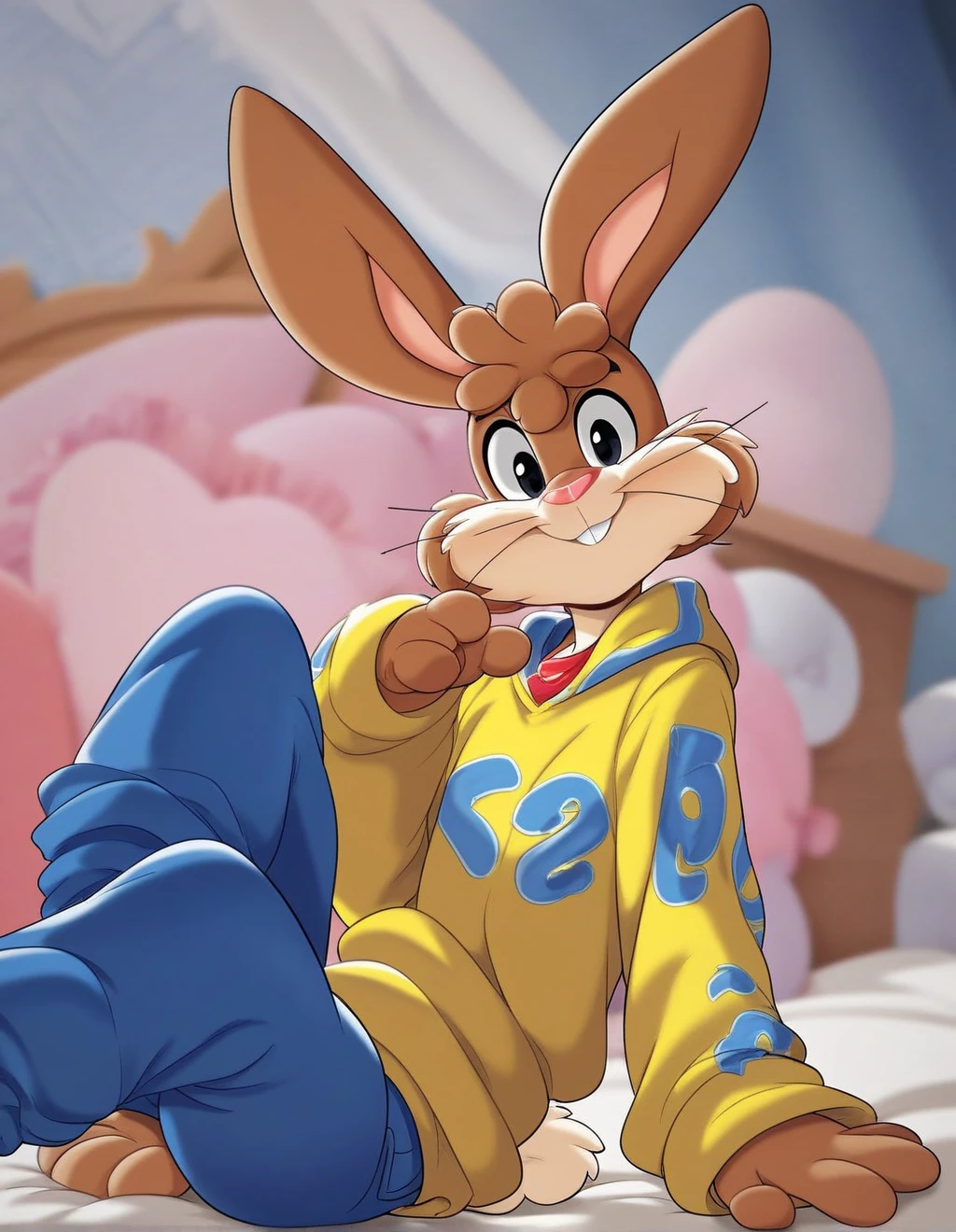 masterpiece, best quality, 8k, quicky,4 fingers,brown fur, blue pants, yellow winter hoodie, sitting down on the bed in the bedroom, 25 year old adult, puffy hair, 6 feet tall, cute version of quicky, cute rabbit hair, furry, rabbit, male, femboy, slim,solo,looking_at_viewer,