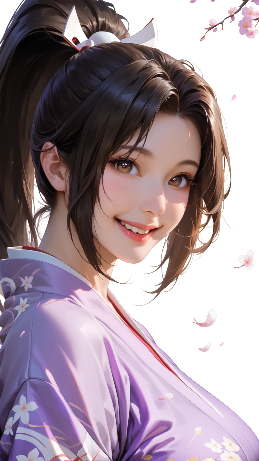 score_9,score_8_up,score_7_up,high res image,masterpiece,best quality,realistic,Mai Shiranui,(plump:1.7),(black pupil:1.2),(brown black hair:1.3),(High ponytail:1.3),(kimono:1.4),(purple clothes:1.4),(happy:1.4),