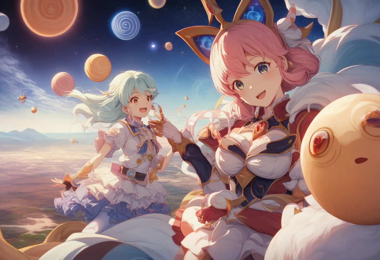 super high image quality、Super delicate、character design drawing、Full body like、Multiple Pose、Multiple facial expressions、Anthropomorphic cute rabbit、Bunnies in space spacesuits、Colorful colors、Space Continent,starrysky,Landing flying ship,heavenly body,Huge alien planet pyramid temple background,Space Adventure Expedition Ready to Go,