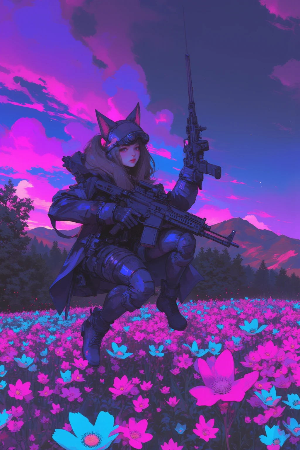   armed girl soldier with a machine-gun in a field of flowers wearing a cat ear helmet , wearing a cat ear helmet , Aurora in the sky 、 Cyberpunk Art by Mike  "Beeple" Shopman   ,   amazing realism  ,   retro punk nature wave defender, masterpiece    Spectacular Retrowave Art  ,    synthwave art style, Spectacular Retrowave Art  ,  Contrast