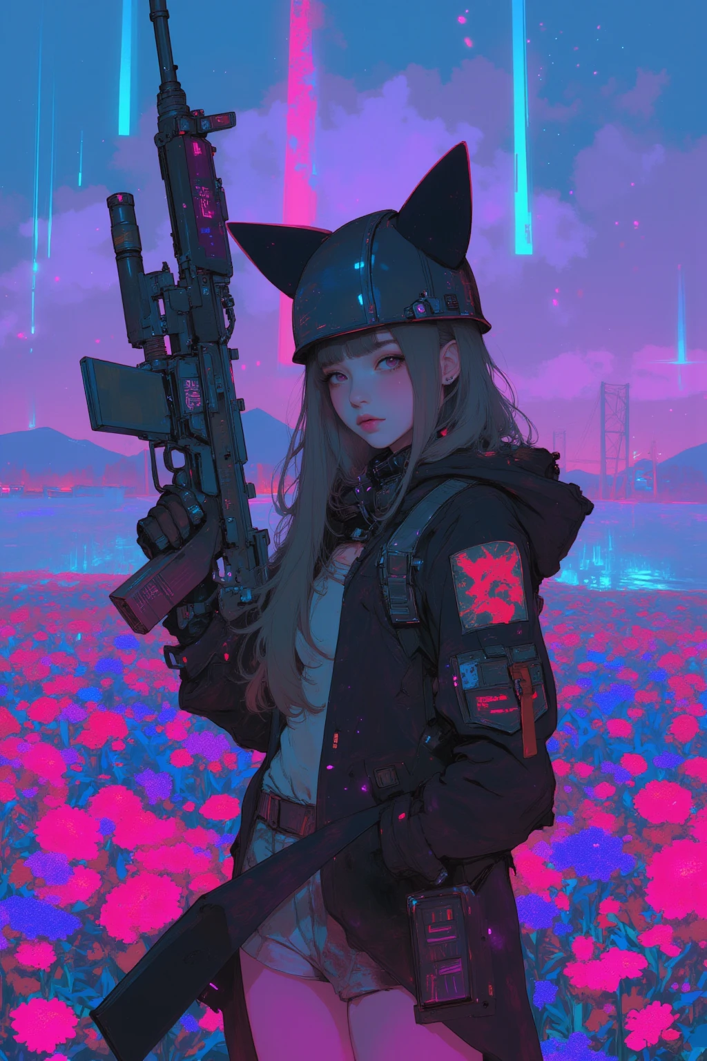   armed girl soldier with a machine-gun in a field of flowers wearing a cat ear helmet , wearing a cat ear helmet , Aurora in the sky 、 Cyberpunk Art by Mike  "Beeple" Shopman   ,   amazing realism  ,   retro punk nature wave defender, masterpiece    Spectacular Retrowave Art  ,    synthwave art style, Spectacular Retrowave Art  ,  Contrast