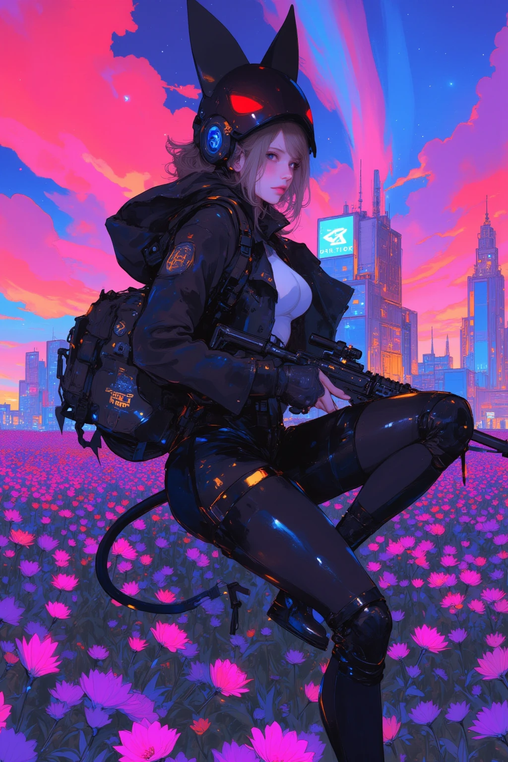   armed girl soldier with a machine-gun in a field of flowers wearing a cat ear helmet , wearing a cat ear helmet , Aurora in the sky 、 Cyberpunk Art by Mike  "Beeple" Shopman   ,   amazing realism  ,   retro punk nature wave defender, masterpiece    Spectacular Retrowave Art  ,    synthwave art style, Spectacular Retrowave Art  ,  Contrast