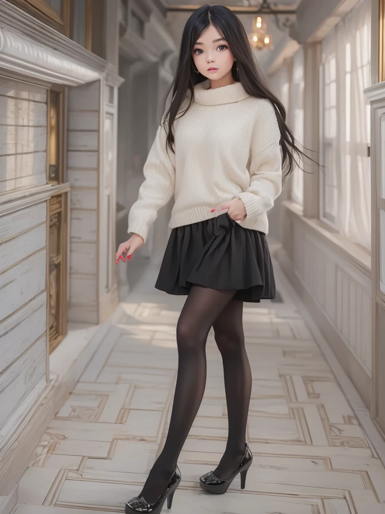 Hyper-realistic,photorealistic,a beautiful young girl, 歳、detailed face, 厚い唇、つやつやした唇,口を少し開く、long black hair, オフショルダーwhite sweater dress, black tights,black heels, super high definition painting