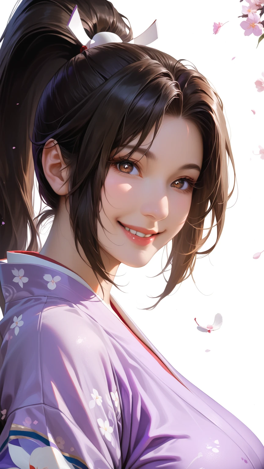 score_9,score_8_up,score_7_up,high res image,masterpiece,best quality,realistic,Mai Shiranui,(plump:1.7),(black pupil:1.2),(brown black hair:1.3),(High ponytail:1.3),(kimono:1.4),(purple clothes:1.4),(smile:1.4),