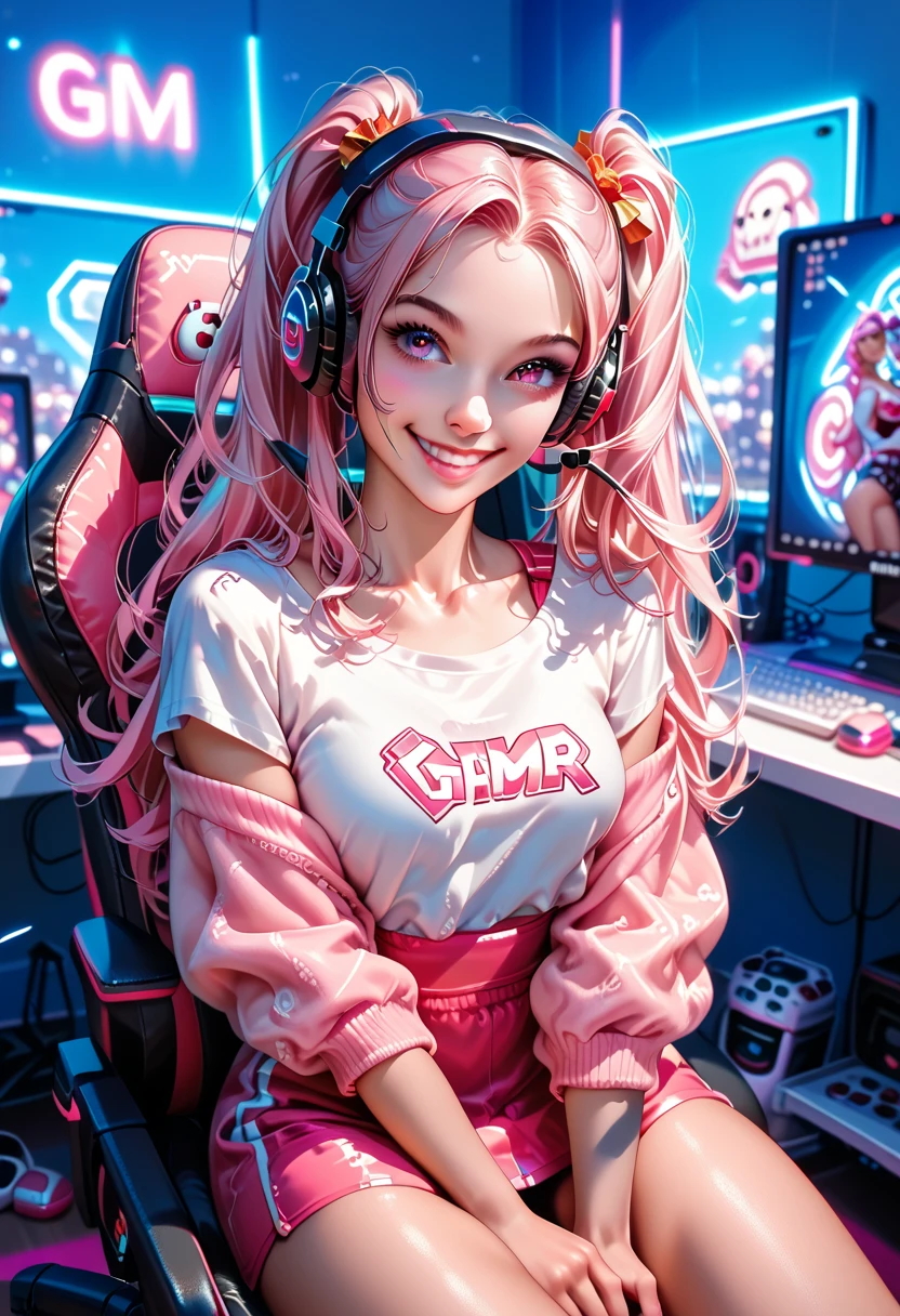 girl, very long pink hair, looking at camera, pose, gamer girl, sitting on gaming chair, short dress, sitting, gaming room, neon lights, smile, beautiful eyes, pc, lamp, beautiful, gaming headset, gamer