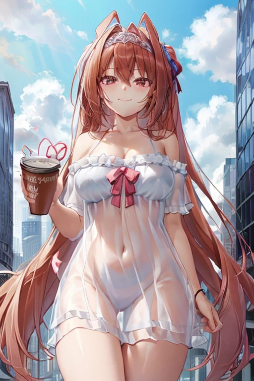 (naked: 1.4), ( see-through lingerie: 1.3), ( blanking in the heart of the city:1.4),(No.,  no panties), smile,  cowboy shot, ((cup)),  full body, underwear