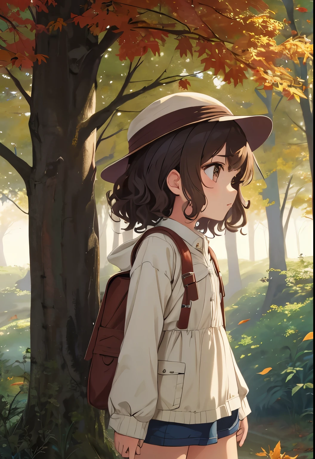  very young ******* girl  ，Very small build ，   Toddler Figure Temptation   ，Dress like an explorer  ，  hat like an explorer   、 Brown hair on the abdomen 、   her hair is medium and curly、autumnのジャングルで、  Fallen leaves for vaginal discharge  ，tree漏れ日のイメージ、8k、 autumnのジャングルで 、 Heading into the woods    、From the back、 cute、 tree漏れ日、 Female Profile 、tree々    the sunlight shines through    、   Seeing a woman from a distance     、   shorts、 autumn，autumnの紅葉，  looking up at the sky  、   alone in the distance   、   pretty far   、  landscape