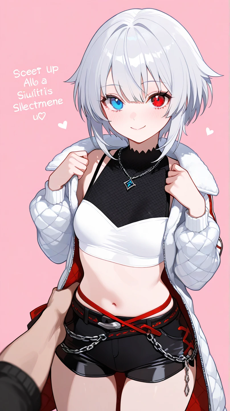 1girl, short hair, silver hair, solo focus, 4K, ulutra detailed ,masterpiece,highest quality,beautiful detailed eyes,Small breasts,(Heterochromia iridis),(left eye,Red eyes),(right eye,blue eyes),
Clothing Description:

Top: Wearing a white crop top with black straps, layered with black mesh covering the neckline.

Outerwear: An oversized white bomber jacket with red and black accents on the inside. The red lining features a quilted pattern, adding a stylish detail.

Additional Accessories: A necklace with a triangular pendant and chain straps hanging from the belt.

Bottom: Black shorts with red accents, featuring metallic chains and straps wrapping around the waist. Buckles and straps add a utilitarian touch.
Background:
A pastel pink background with heart and star patterns, creating a sweet and cheerful atmosphere. There’s also a text message element in the bottom left corner, adding a social media context. Half body detailed,focus face detailed, no bad finger, no bad hand, Face grab pose. 