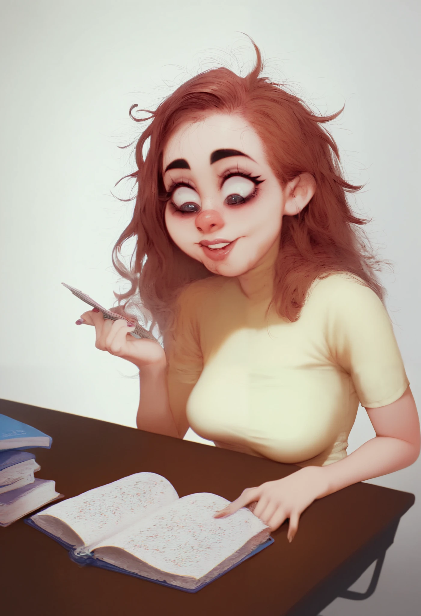 (One plump girl) (One high school girl) red cheeks, messy hair in face, unique forehead, large nose, dark eyebrows, pronounced upper lip shape, bags under eyes (g4n1m3)  (reading a book in a library) (stretched clothes), ) (concentration), (wearing an undersized tight orange t shirt) ((cinematic shot)) (source cartoon),  (sitting at a desk) , 
disco elysium style