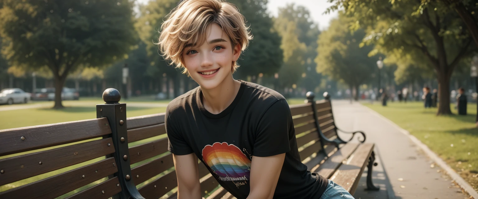 a colombian femboy is naked at the park in a sunny day, he wears only a dark style t-shirt. He has a very skinny body and slim great abs, he is completely hairless, slim, 16 old , looking shy but happy, blond fancy colored short hair, great visual detail and vivid romantic colors, cute face with sweet and smiling expression, slim legs. , he is sitted on a bench. the picture view in centered on his face