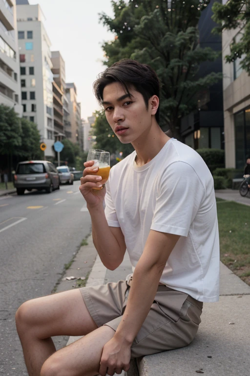 
A young Asian man with a sharp, bad-faced face, very handsome and cool. Sharp, playboy-like, sad eyes, beautiful lips, tall, proportionate, handsome, white skin, elegant personality. His face was cold and gloomy. Evening atmosphere in the garden, sitting and talking, light, natural appearance. Pictures from Kodak high resolution RAW color photos, Professional Photos. T-shirt standing on the road in the city. With many people, girls next to me, no-nonsense, alcohol circles