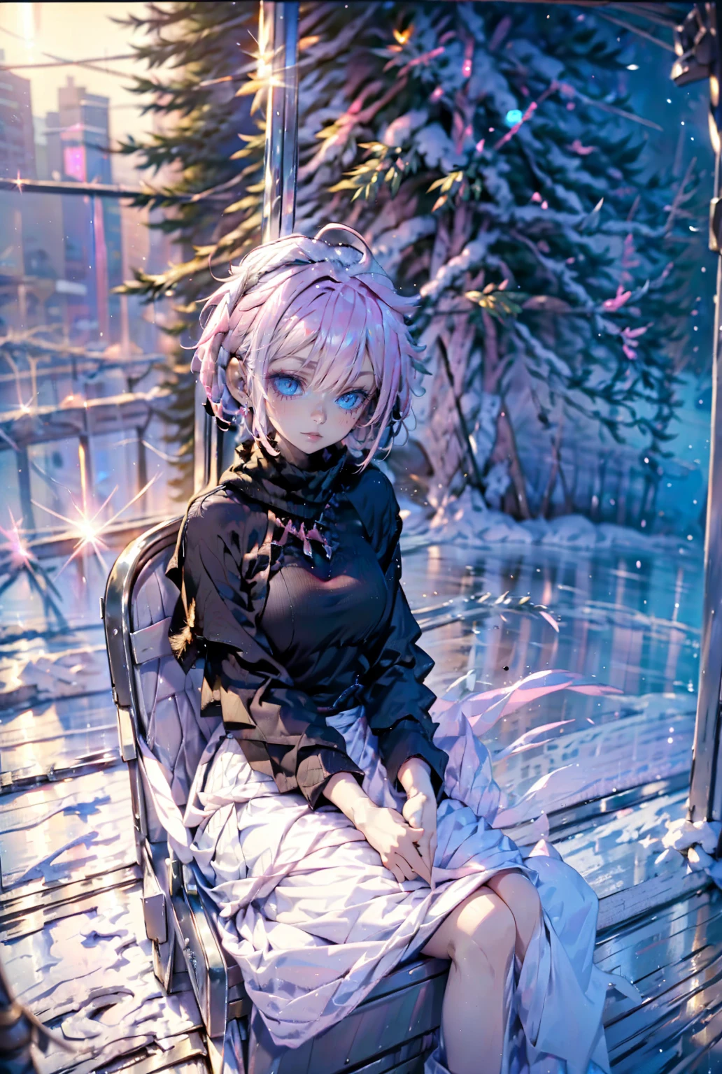 1girl,cute,solo,(((pink short hair,blue eyes))),
in train,sitting a seat,
window at the snow outdoor,