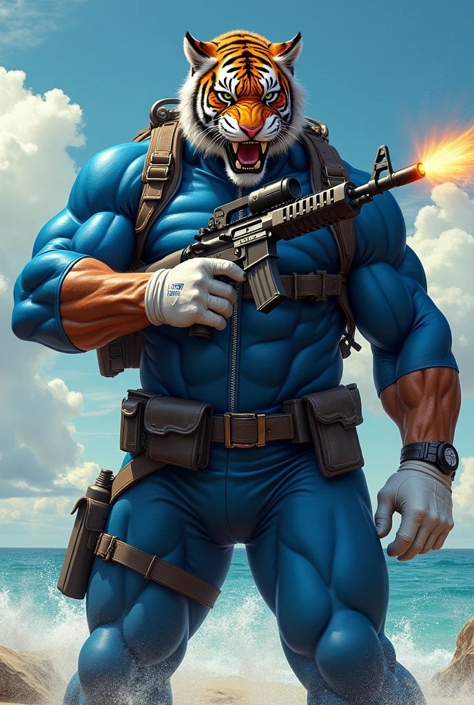 (A rugged beefy extremely muscular bulky old man), (wearing blue fullbody zipper wetsuit), (wearing realistic roaring tiger  mask), shooting with rifle, wearing bulky harness, wearing bulky scuba gear, muscular physique, toned muscles, fierce, heroic, action, comic artstyle, bulky best quality, wearing white combat gloves. wearing gun holster on left thighs, dynamic action pose, fierce expression, showcasing an imposing stature, powerful, best quality image, action-packed atmosphere, masterpiece.