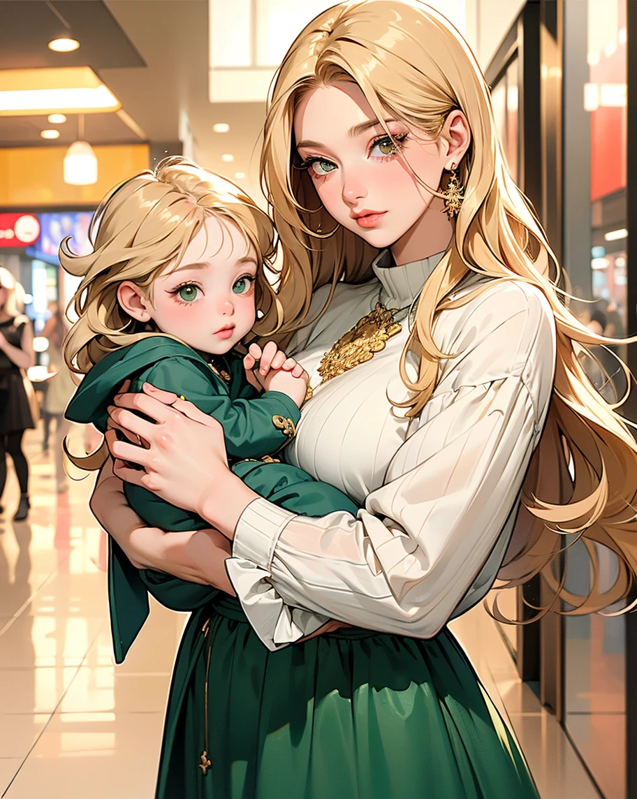 Woman ((20 years old) ), hair ((long, wavy, golden brown)), eyes ((green, smart eyes)), clothes ((lace, mini dress, very thin green)), accessories ((necklace, barrette hair, bracelet, earrings)), , big round breasts, oppai, seductive smile, street, seductive girl, holding a baby, holding a baby, baby,