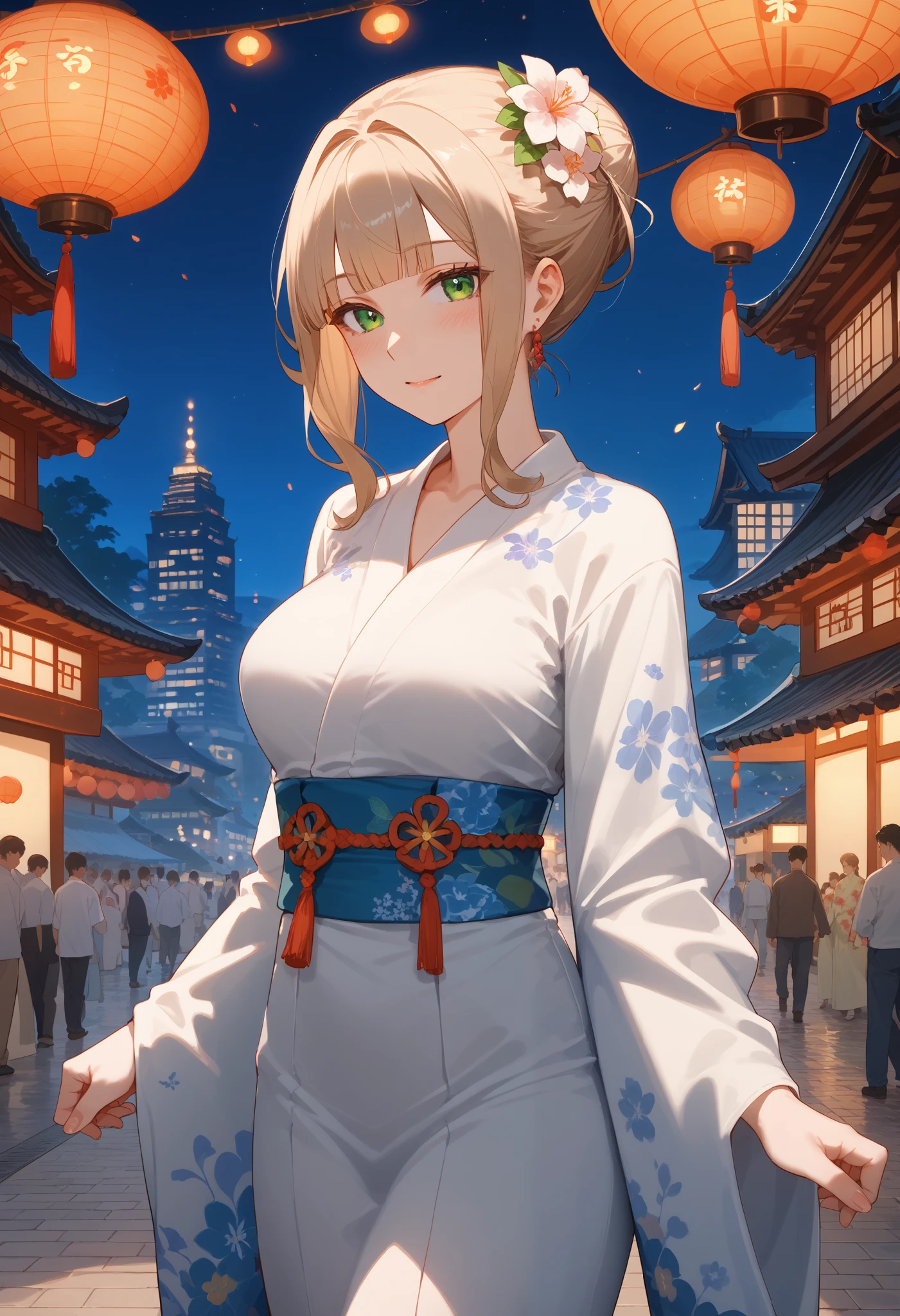 (score_9, score_8_up, score_7_up, score_6_up), anime, high res image, (masterpiece, detailed:1.2), (1girl:1.5), (beige hair, long hair, blunt bangs, hair bun), (earrings, hair ornament), (dynamic poses), looking at viewer, (blushing red, relaxed), (green eyes, detail eyes), Beautiful eyes, (medium perky :1.2), (slim body), (beautiful detailed face, beautiful detailed eyes), ((fluffy flower pattern kimono)), summer festival in background, cityscape scenery, street, (night light), night time, ((cowboy shot:1.3)), 