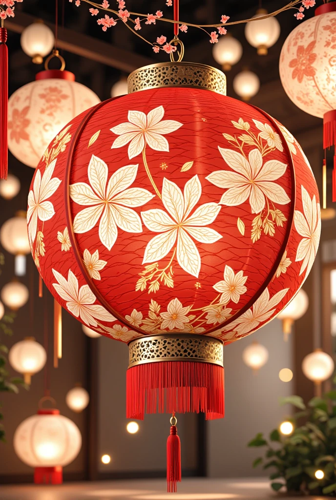 This is a digital artwork celebrating the Chinese New Year,specifically the year 2025,rendered in a vibrant,detailed,and slightly stylized CGI style. The main subject is a large,ornate red lantern with intricate,