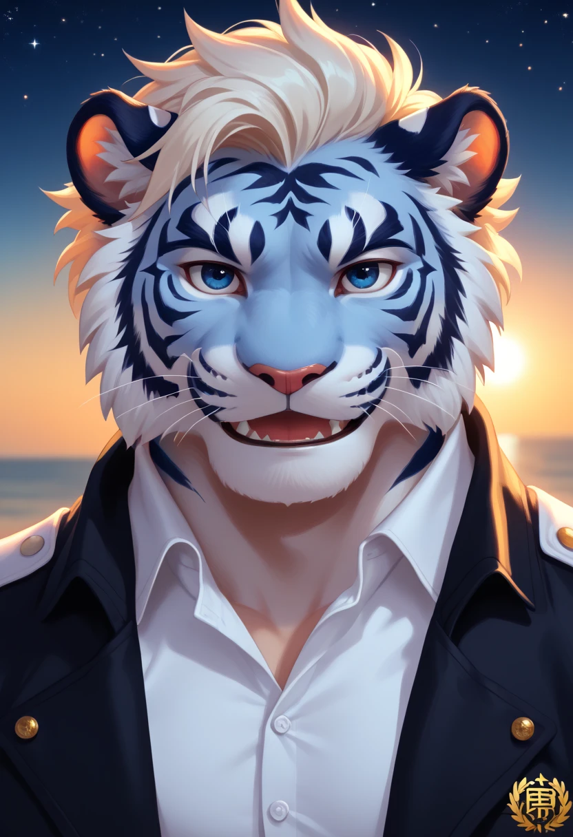 human nature, cannon, male, , ((Round Face, Full face , dark blue eyes ,)), ((Endocrine,  Handsome， Handsome)), ( white shirt ，Wearing a jacket), ((domestic  white tiger,  white tiger), （ sky blue scales ），( crossing the beach ), Bokeh, ( high quality ,  high resolution, Masterpiece 1.2), (Dynamic Lighting, vibrant colors), ( generous smile ， My face turned slightly red， love on the face ，Shoulder sword ，Early stage ), ,  front view (close up), Cartoon, author：Takemoto Arashi, From Zixiang , author：Spring Mud, author：Vague，（background： sunset roses sea starry sky 1 .5），glow,Auspicious Cloud ，background丰富详细