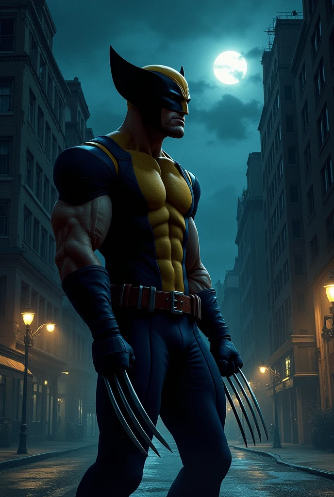Wolverine with his back turned, wearing his yellow suit, seeing the city