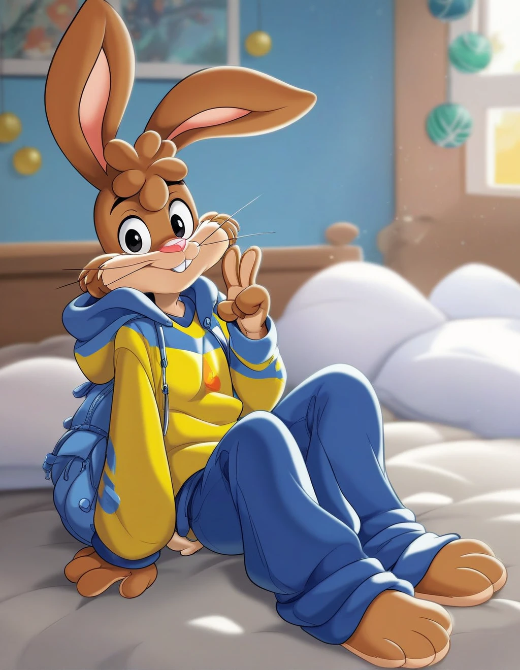 zPDXL3,quicky,4 fingers,brown fur, blue pants, yellow winter sweater, sitting down on the bed in the bedroom, young 25 year old adult, 6 feet tall, very tall, cute version of quicky, cute rabbit hair, furry, rabbit, male, femboy, slim,solo,looking_at_viewer,