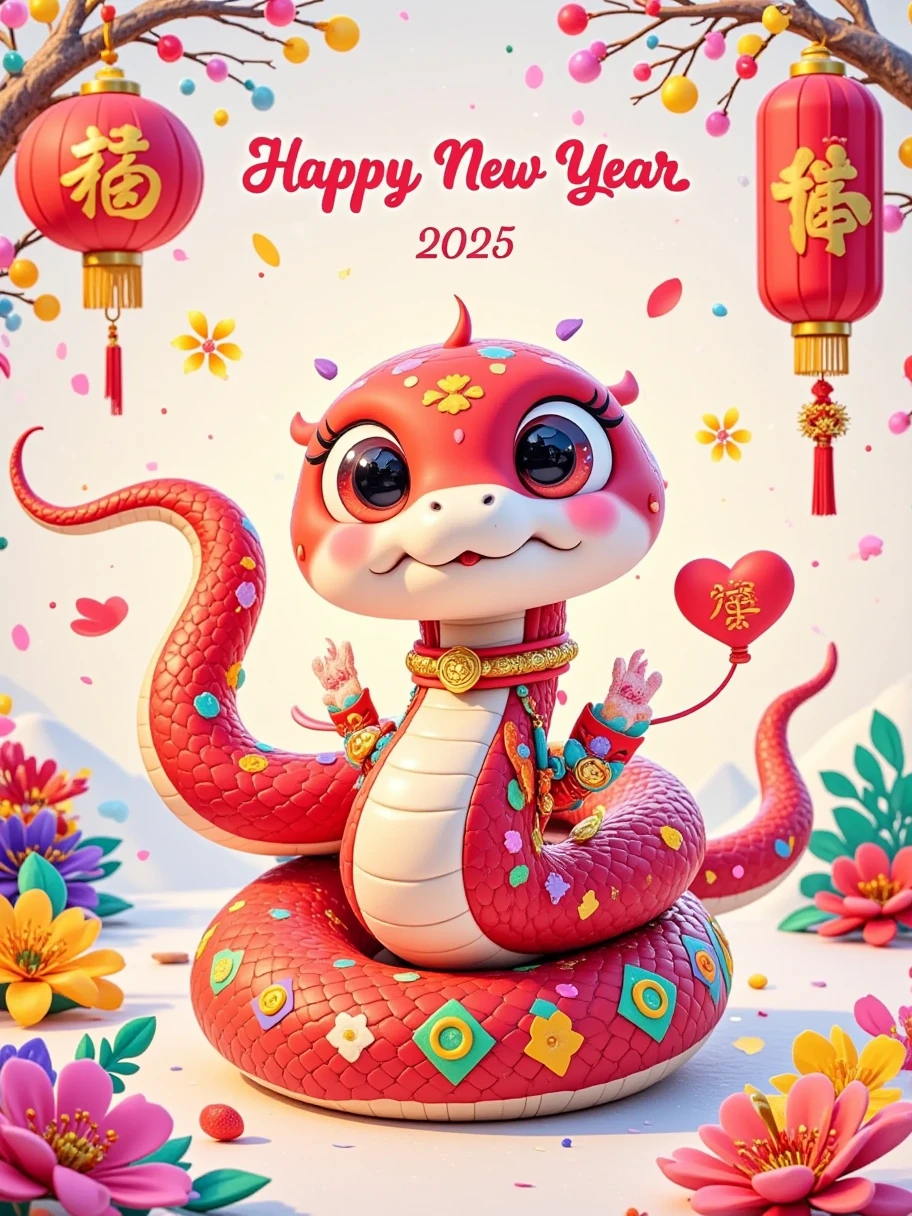 A cute snake， simple graphic illustration style ， with colorful flowers ...