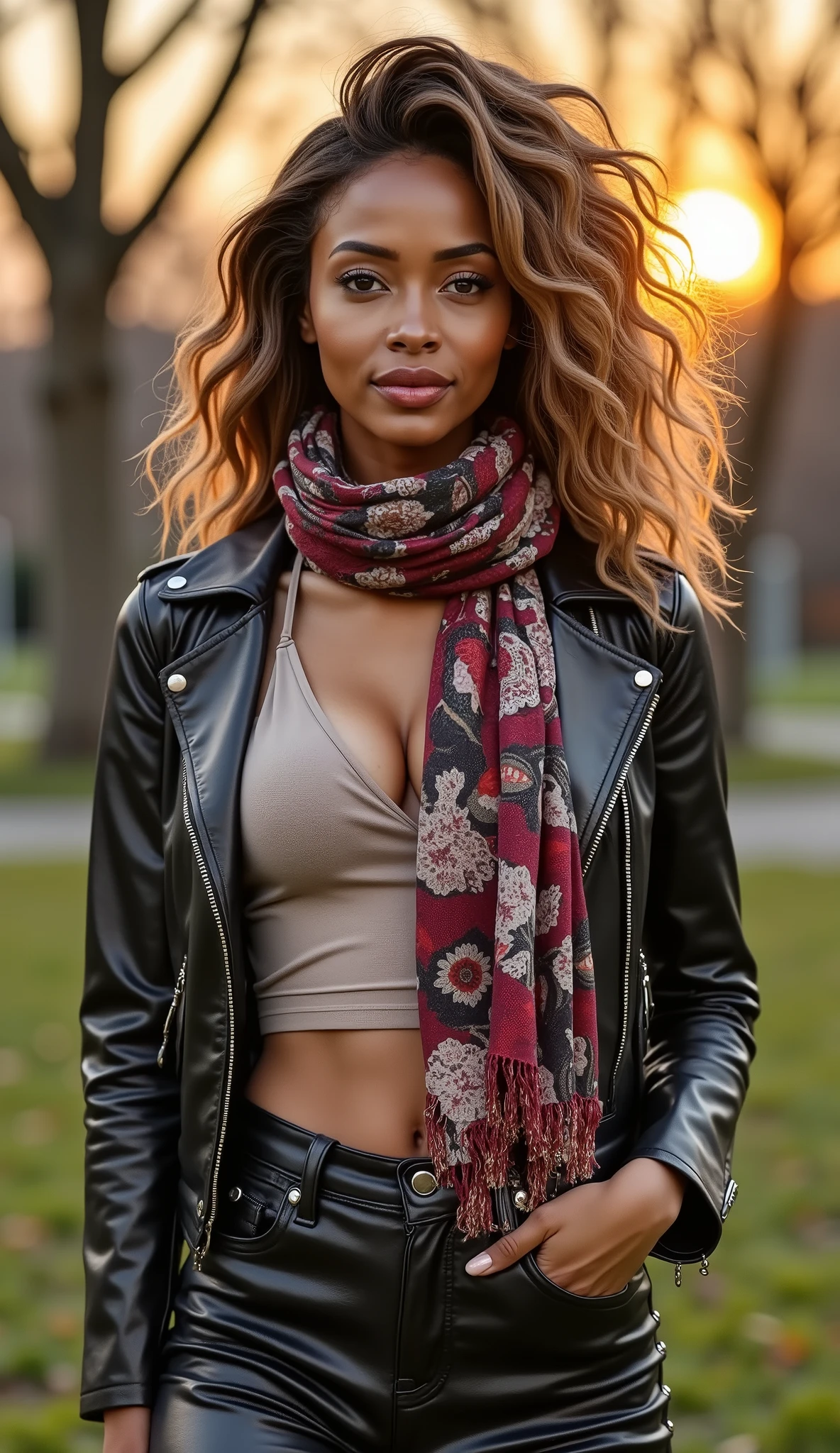 from above, Foto hiperrealista en primer plano de light skinned ebony woman , standing in a park wearing a scarf and a jacket, plaid scarf, wearing a scarf, patterned scarf, athletic fashion photography, professional sports style, silk scarf, autumn outfit, looking smart, scarf, (leather pants:1.3), photo taken from a distance, full body, glamorous wavy hair, Perfect anatomy, perfect hair, perfect body, perfect hands, perfect face, UHD, retina, masterpiece, accurate, anatomically correct, textured skin, super detail, high details, high quality, award winning, best quality, highres, 16k, 8k, (sunset:1.2)