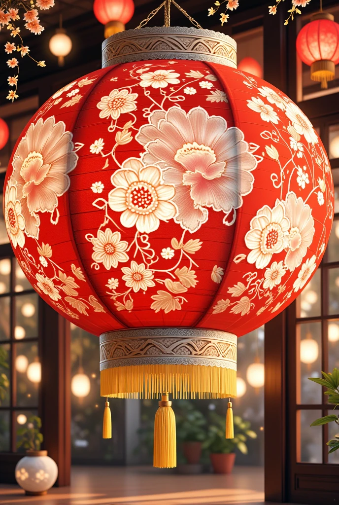 This is a digital artwork celebrating the Chinese New Year,specifically the year 2025,rendered in a vibrant,detailed,and slightly stylized CGI style. The main subject is a large,ornate red lantern with intricate,