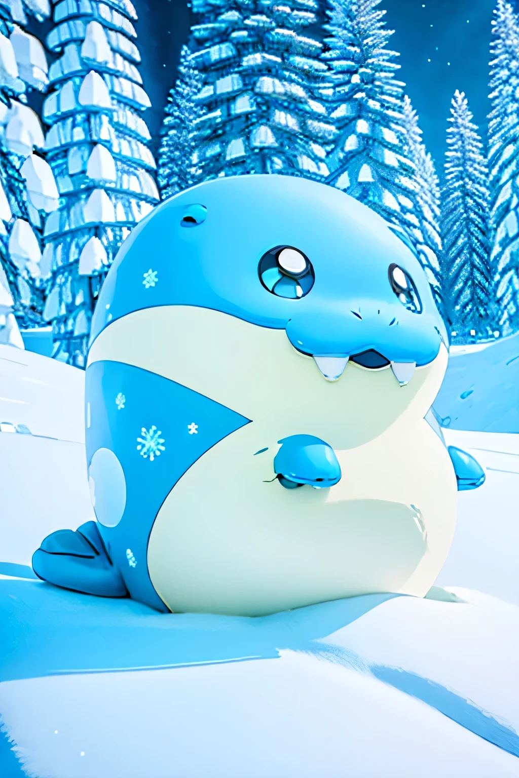 ((spheal)), ( Pokémon), ski resort, Snow World, Snow Scene, Snow-covered, Rime on trees, Tree of Light , Snowman, Makoto Shinkai, top quality , Highest Masterpieces, 4K