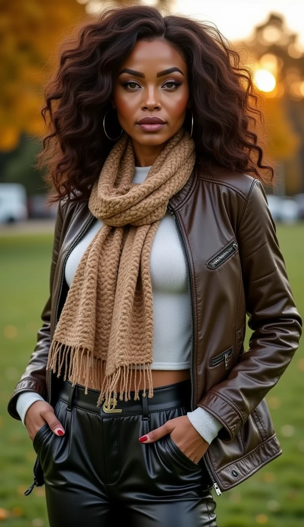 from above, Foto hiperrealista en primer plano de light skinned ebony woman , standing in a park wearing a scarf and a jacket, plaid scarf, wearing a scarf, patterned scarf, athletic fashion photography, professional sports style, silk scarf, autumn outfit, looking smart, scarf, (leather pants:1.3), photo taken from a distance, full body, glamorous wavy hair, Perfect anatomy, perfect hair, perfect body, perfect hands, perfect face, UHD, retina, masterpiece, accurate, anatomically correct, textured skin, super detail, high details, high quality, award winning, best quality, highres, 16k, 8k, (sunset:1.2)