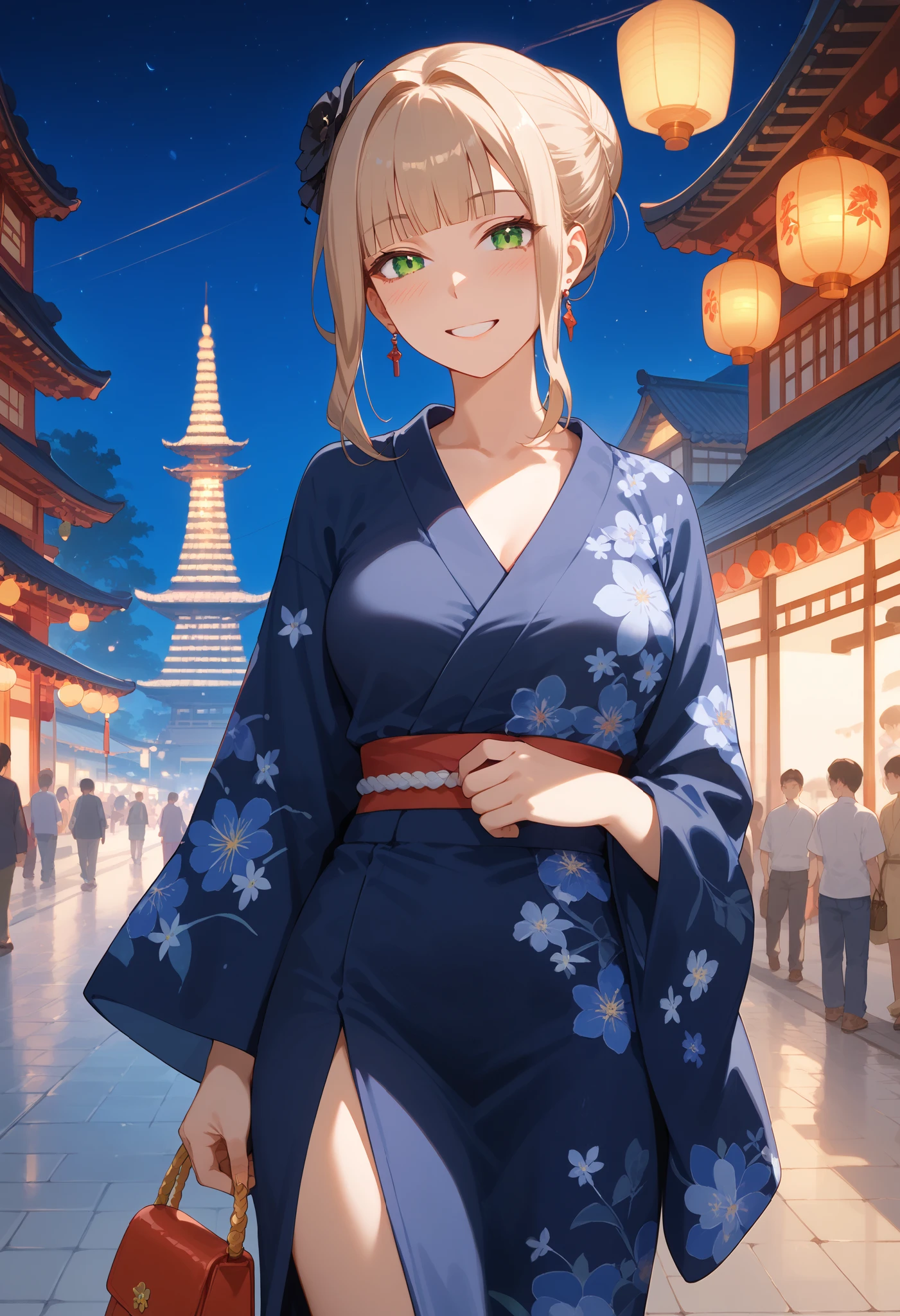 (score_9, score_8_up, score_7_up, score_6_up), anime, high res image, (masterpiece, detailed:1.2), (1girl:1.5), (beige hair, long hair, blunt bangs, hair bun), (earrings, hair ornament), (dynamic poses), looking at viewer, (blushing red, relaxed, smile), (green eyes, detail eyes), Beautiful eyes, (medium perky breasts:1.2), (slim body), (beautiful detailed face, beautiful detailed eyes), ((black flower pattern kimono, mini handbag)), summer festival in background, cityscape scenery, street, (night light), night time, ((cowboy shot:1.3)), seductive