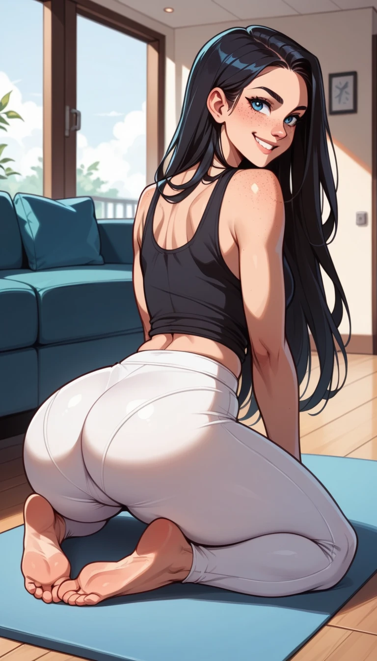 , 1 girl ( black hair, long hair,half-closed blue eyes , freckles),Do you wear a black tank top and white yoga pants, Alone, (Room), ((adult:1.4)), ( lower body :0.9), (( looking back )),  looking at the viewer, (five fingers), mischievous smile, (  wide hips :1.4), ( thick legs :1.4)