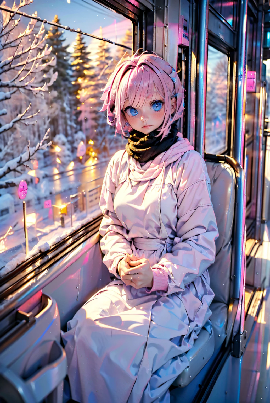 1girl,cute,solo,(((pink short hair,blue eyes))),
in train,sitting a seat,
window at the snow outdoor,