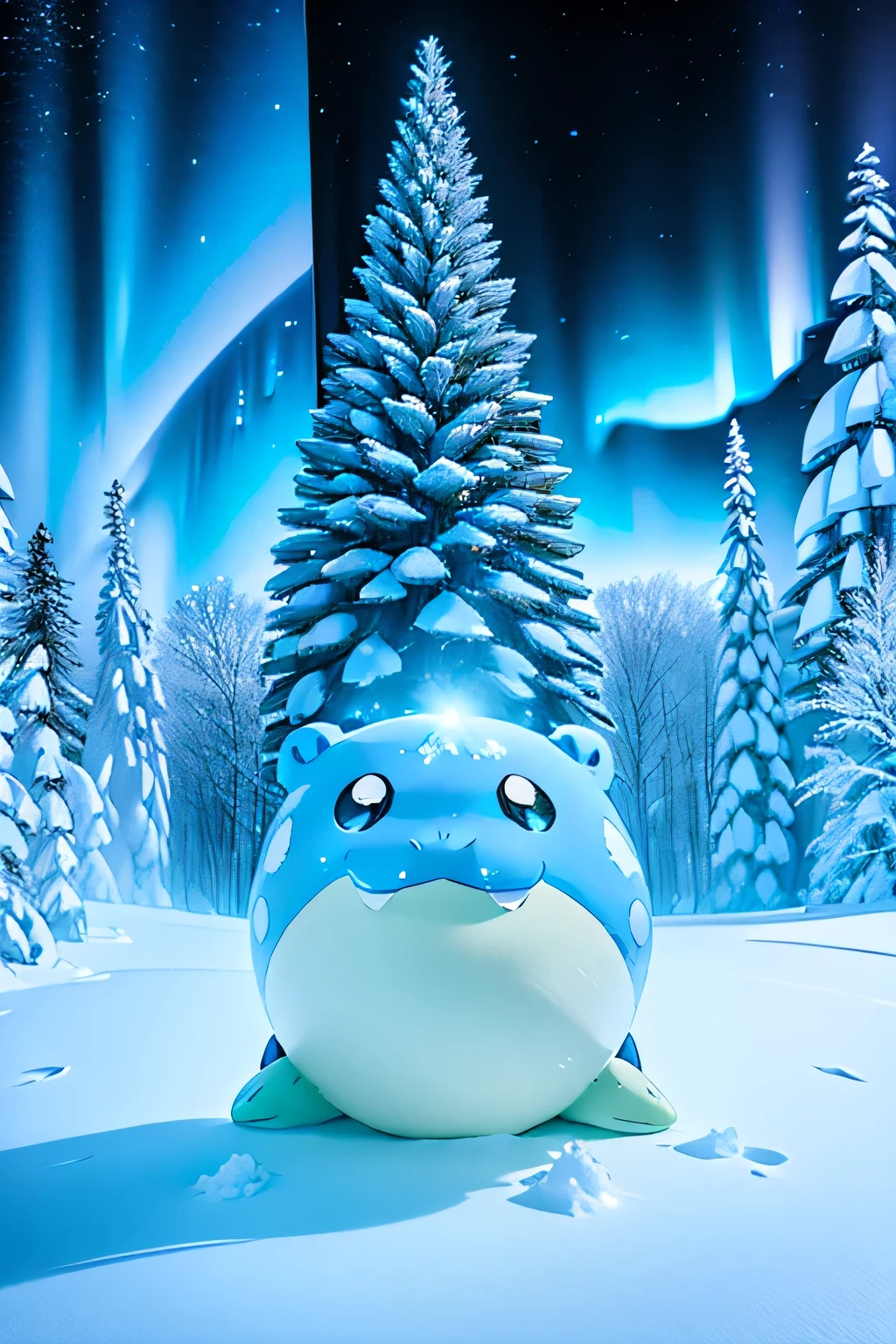 ((spheal)), ( Pokémon), ski resort, Snow World, Snow Scene, Snow-covered, Night Sky, Aurora, Tree of Light , Snowman, Makoto Shinkai, top quality , Highest Masterpieces, 4K