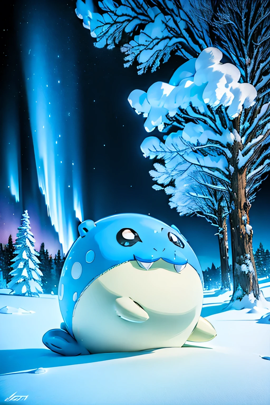 ((spheal)), ( Pokémon),  ski resort, Snow World, Snow Scene, Snow-covered, Night Sky,  Aurora, Tree of Light ,  Snowman, Makoto Shinkai,  top quality ,  Highest Masterpieces, 4K