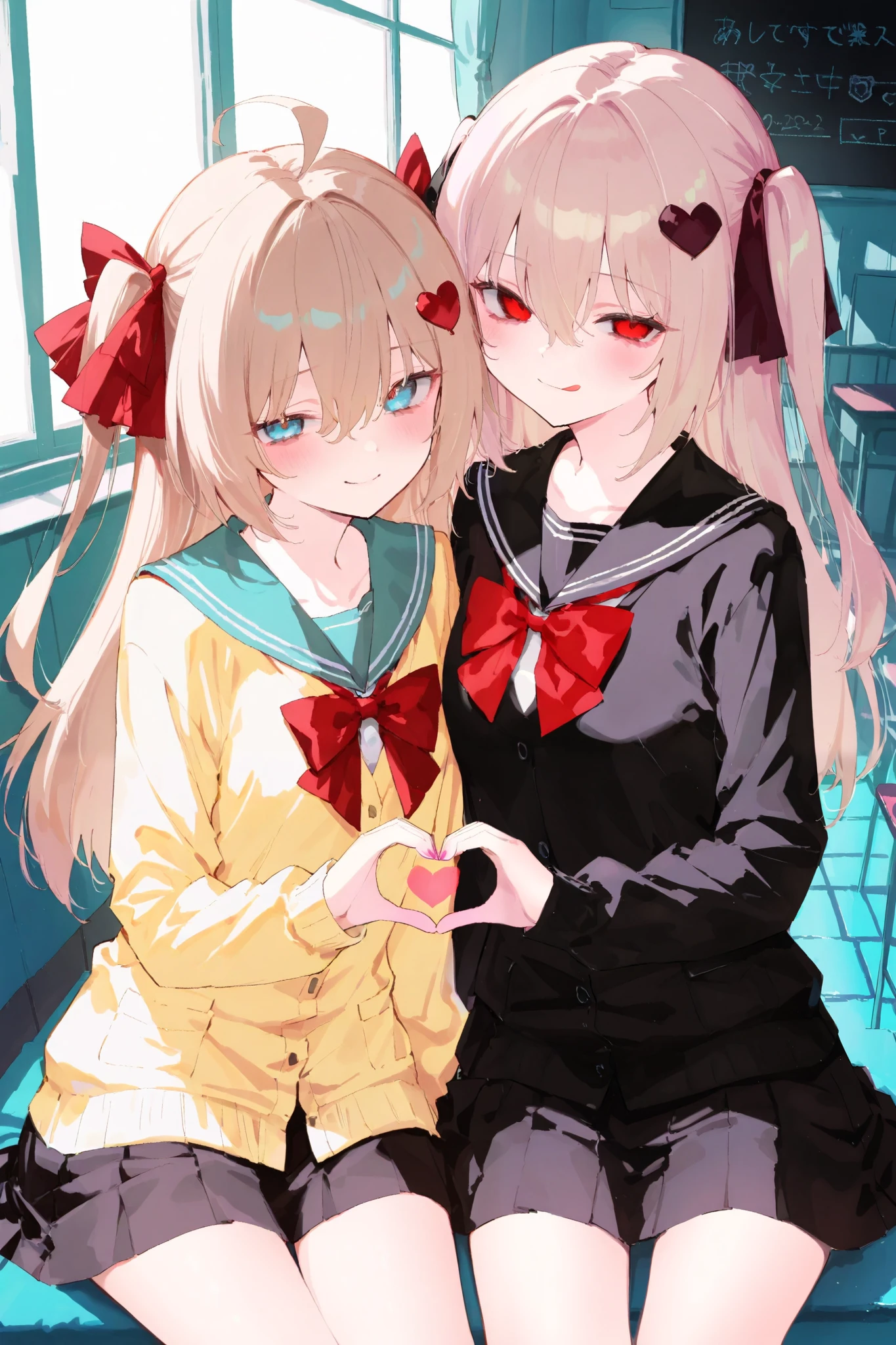 2girls,evil neuro-sama,Neuro-sama,light brown hair,ahoge,two side up,dark red ribbon,hair ribbon,heart hair ornament,heart_hand_duo