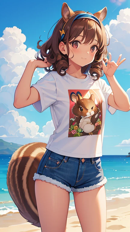 Brown Hair,  Curly Hair,   headband, very ，  short ，squirrel ears , Little squirrel tail, Art Deco, Sparkle, Symmetric, throw,   Anatomically Accurate ,   wrinkled skin ,   high detail ,  top quality ,  super detailed , ((  print t-shirt)), Hawaii,  Waikiki Beach,  blue sky,  denim shorts