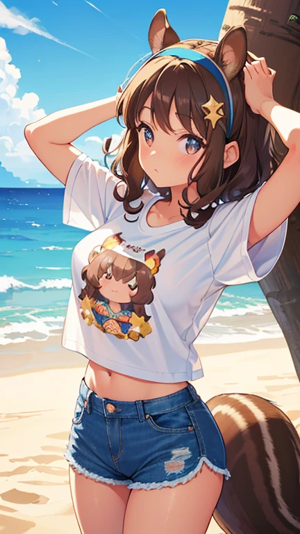 Brown Hair,  Curly Hair,   headband, very ，  short ，squirrel ears , Little squirrel tail, Art Deco, Sparkle, Symmetric, throw,   Anatomically Accurate ,   wrinkled skin ,   high detail ,  top quality ,  super detailed , ((  print t-shirt)), Hawaii,  Waikiki Beach,  blue sky,  denim shorts