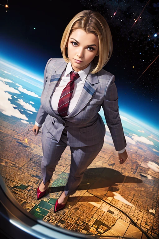 view from outer space of an approaching young giga giantess, Giantess art, 500 miles tall giga giantess, young sophisticated and stylish woman in a light grey italian pinstriped trouser suit, form fitting crisp office shirt, and a large wide light blue necktie in a windsor knot, with a beautiful, curvaceous figure, large natural breasts, and short blonde pixie hair, with a curvaceous figure and massive breasts. wearing blue rounded court high heels with uncovered feet and standing, rampage-like pose, with a city skyscrapers background of mega-city, skyscapers, bright daylight, cloudy atmosphere. The image is a high-resolution, masterpiece-quality, cinematic, ultra-detailed, and hyper-photorealistic photograph, with perfect hands, face, and lighting. ultra-detailed, 8K, photo-realistic, hyper-realistic, masterpiece, intricate details, full body view. Looking pasted camera, The image is a high-resolution, masterpiece-quality, cinematic, ultra-detailed, and hyper-photorealistic photograph, with perfect hands, face, and lighting. ultra-detailed, 8K, photo-realistic, hyper-realistic, masterpiece, intricate details, from high above