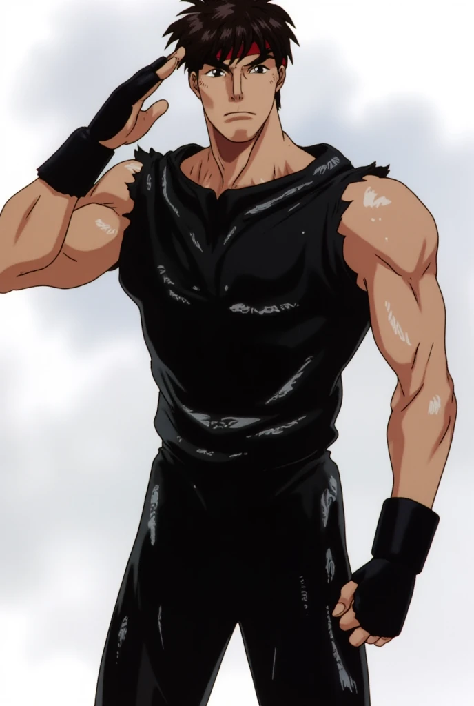 masterpiece, best quality, 8K, ultra res, extremely detailed,, Anime illustration style, young muscular man, High image quality. Face the front. Whole body. A young manly wild man in a tight black latex suit. black short hair. black eye, He is saluting proudly. The black full-body shiny latex full-body tights he is wearing will never be torn. He won't allow me to take it off.
